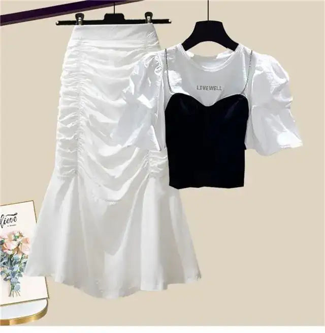 Spring/Summer Set Women's New Korean Edition Sweet and Spicy Bubble Sleeve Spliced Top Age Reducing Half Skirt Two Piece Set