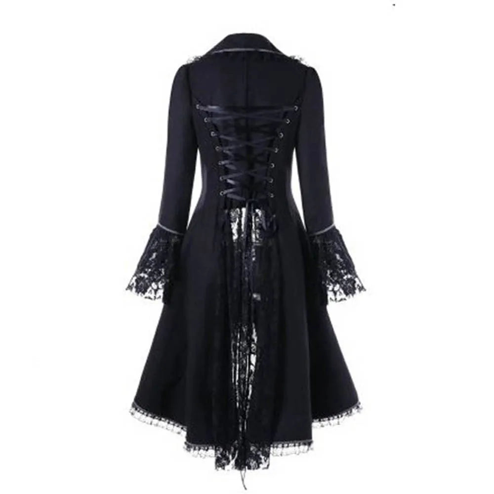 Women Lace Trim Lace-up High Low Coat Black Steampunk Victorian Style Gothic Jacket Medieval Noble Court Dress Plus Size S-5XL - Premium  from Lizard Vigilante - Just $18.99! Shop now at Lizard Vigilante