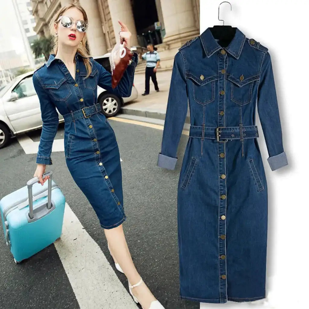Vintage Button Up Jeans Dress Women Blue Lapel Denim Vestidos Winter Office Slim Long Sleeve Mid-Cuff Denim with Belt Long Dress