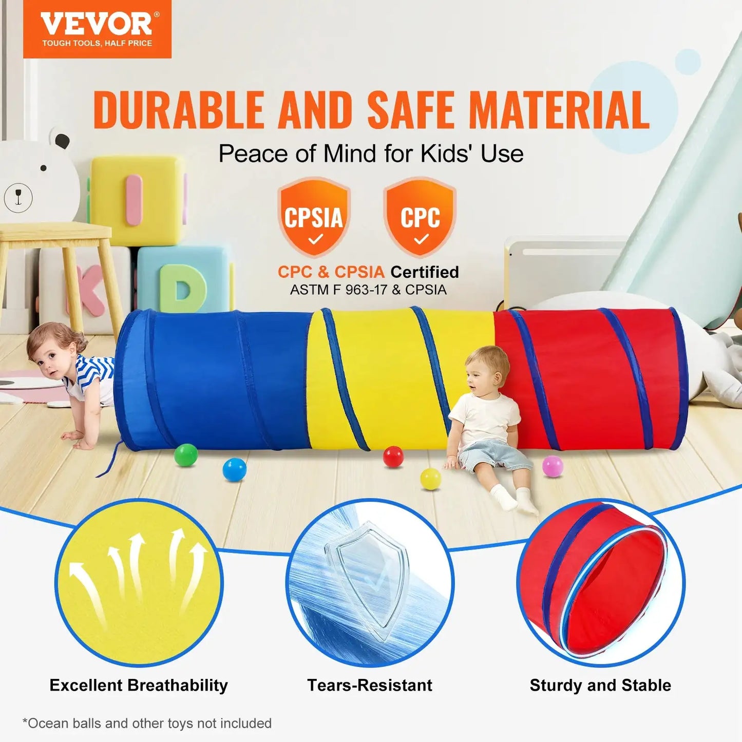VEVOR Kids Play Tunnel Tent for Toddlers Collapsible Gift for Boy and Girl Play Tunnel Indoor and Outdoor Game Red/Yellow/Blue