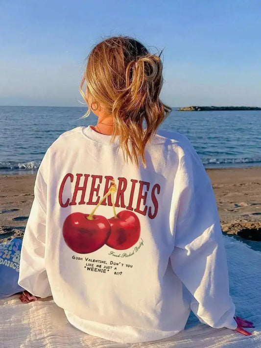 Casual Women's Sweatshirts Cherries Graphic Printing Hoodies Crewneck Fleece Warm Comfortable Pullovers Autumn Winter Streetwear