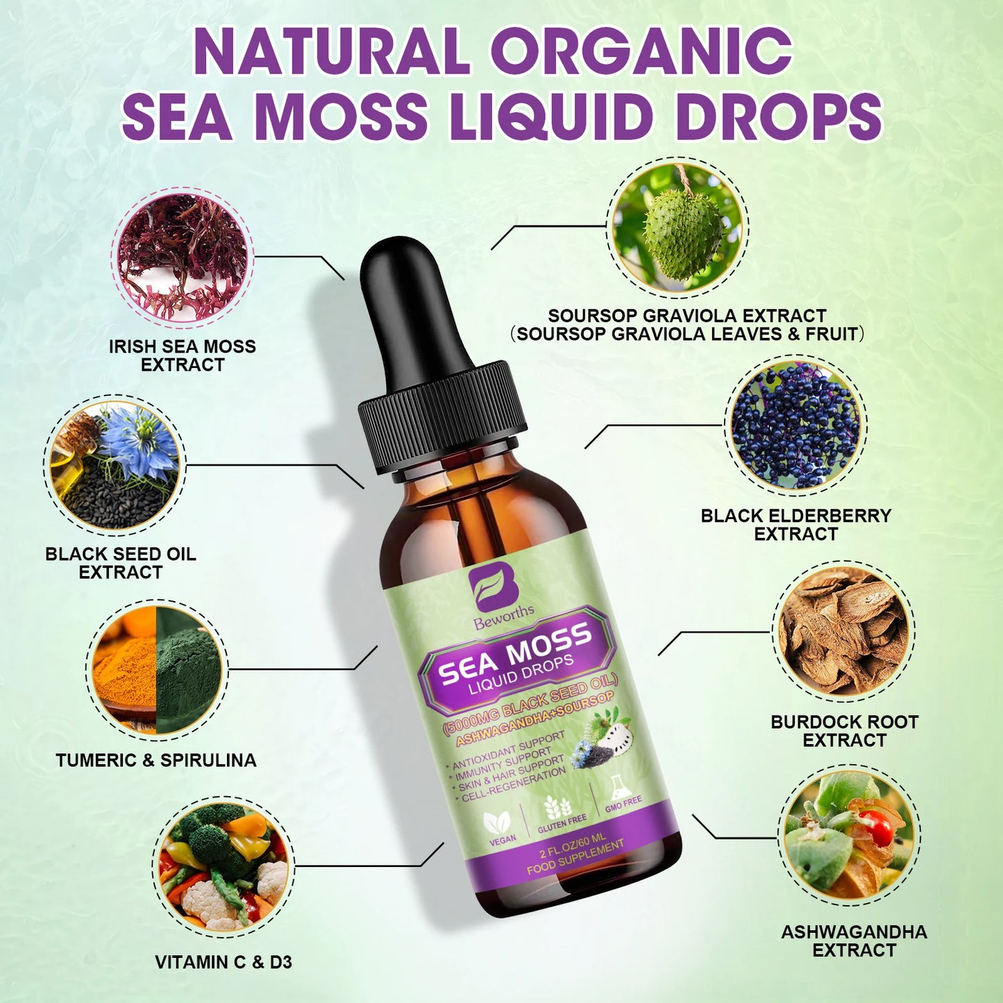 BEWORTHS Sea Moss & Soursop Drops – 60ml Super Extract for Immunity, Kidney Function & Antioxidant Power | Vegan Herbal Liquid Supplement - Premium supplement from dsers - Just $26.99! Shop now at Lizard Vigilante