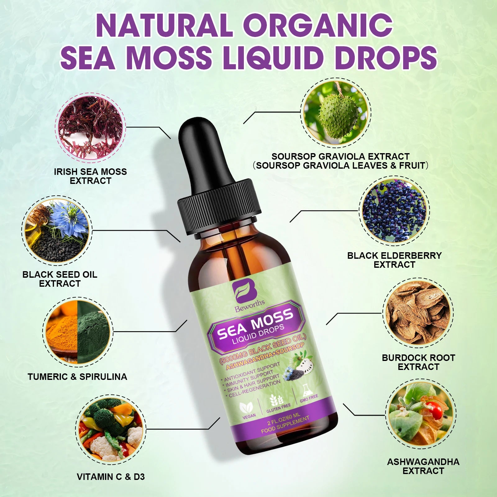 BEWORTHS Sea Moss & Soursop Drops – 60ml Super Extract for Immunity, Kidney Function & Antioxidant Power | Vegan Herbal Liquid Supplement - Premium supplement from dsers - Just $26.99! Shop now at Lizard Vigilante