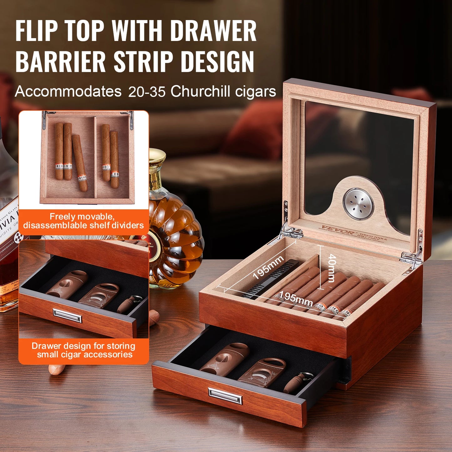 VEVOR Cigar Humidor Glass Top Cigar Humidor Box Handmade Spanish Cedar Wood Cigar Desktop Box Cigar Storage Case with Hygrometer - Premium  from Lizard Vigilante - Just $95.99! Shop now at Lizard Vigilante