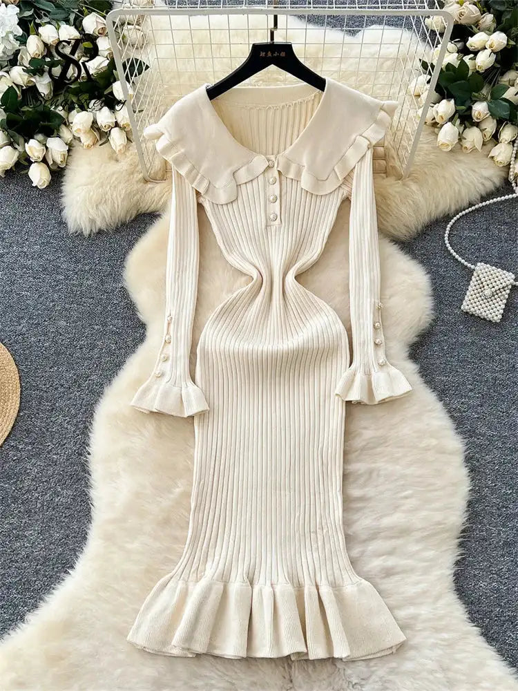 SINGREINY 2024 Hotsweet Slim Autumn Dress Women Peter pan Collar Long Sleeves Patchwork Preppy Style Mermaid Sweater Long Dress
