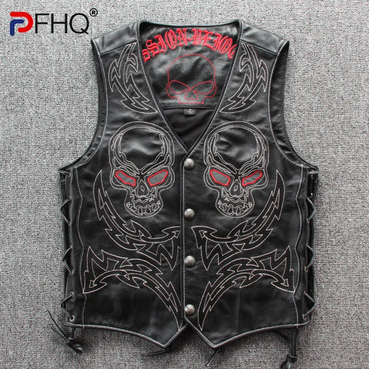 Men's High Quality Genuine Leather Skull Waistcoat Cowhide Skeleton Wornout Vintage Motorcycle Sleeveless Vest Spring - Premium vest from Lizard Vigilante - Just $195.99! Shop now at Lizard Vigilante