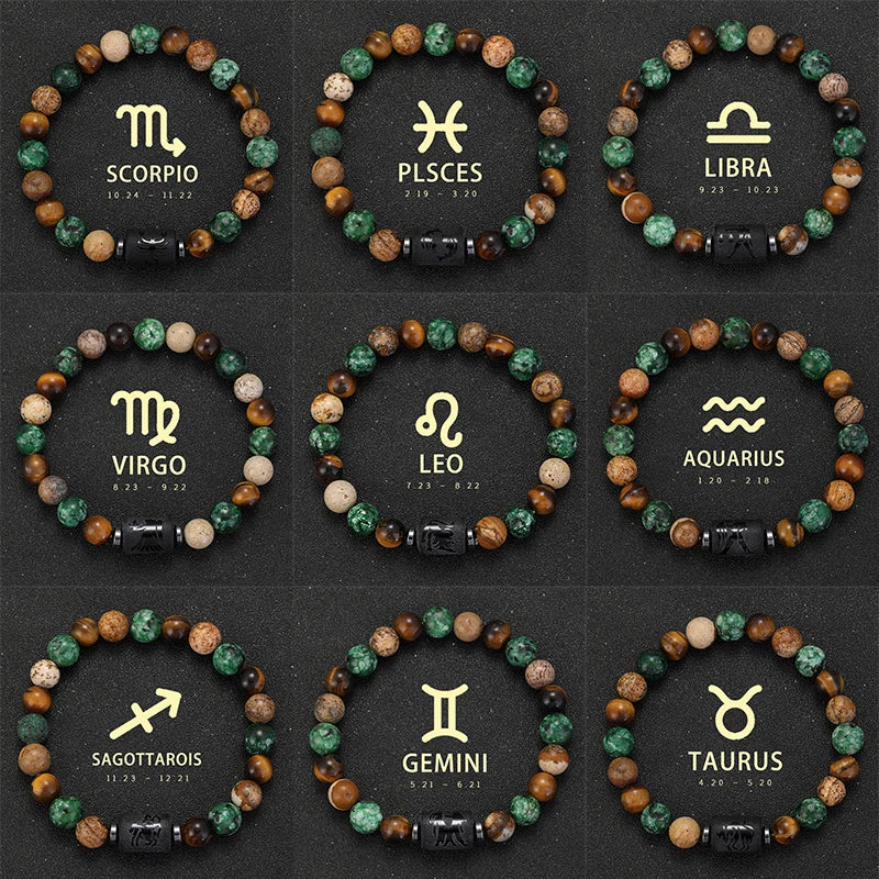 Zodiac Signs Natural Stone Bracelets Taurus Cancer Virgo Pisces Bracelets Ladies Men Couples Friendship Jewelry Gift Bracelet - Premium bracelet from Lizard Vigilante - Just $22.99! Shop now at Lizard Vigilante