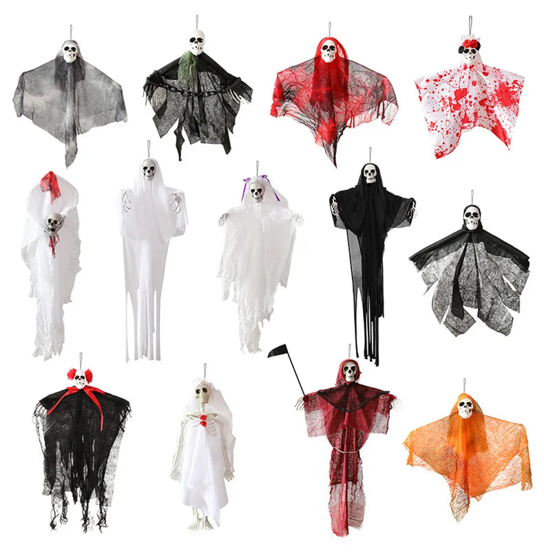 Halloween Gauze Skull Decor - Horror Grim Reaper, Headless Ghost & Red-Haired Ghost Ornaments for Haunted House Decoration