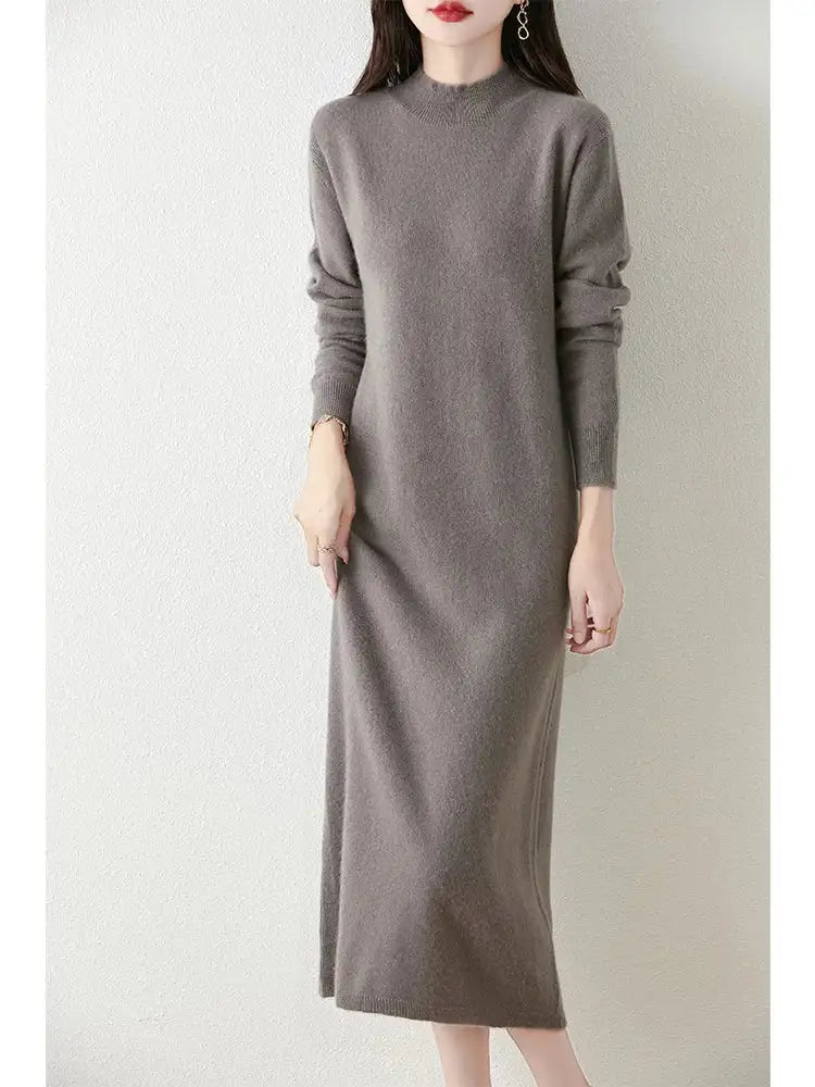 Autumn Winter Women's Wool Long Dress Cashmere Mock Neck Pullover Sweater 100% Merino Wool Soft Knitwear OL Simple Basic Dress