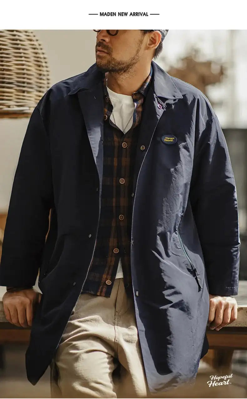 Maden Men's Vintage Balmacaan Waterproof Windbreaker Coat Single-Breasted Mid-Length Classic Collar Jacket for Spring and Autumn