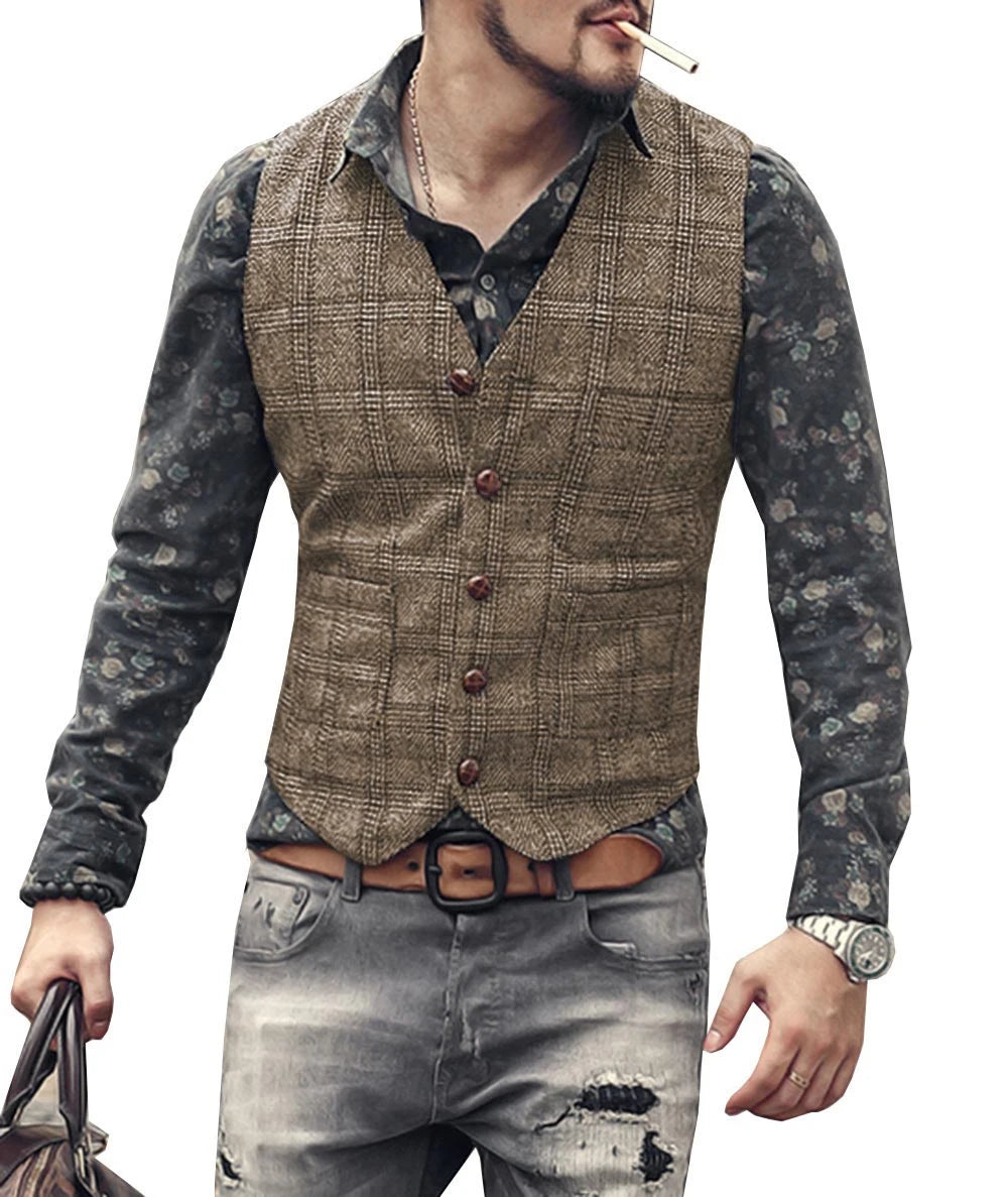 Men’s Vintage Tweed Plaid Vest – Classic Slim Fit Waistcoat for Weddings & Business - Premium vest from Lizard Vigilante - Just $42.88! Shop now at Lizard Vigilante