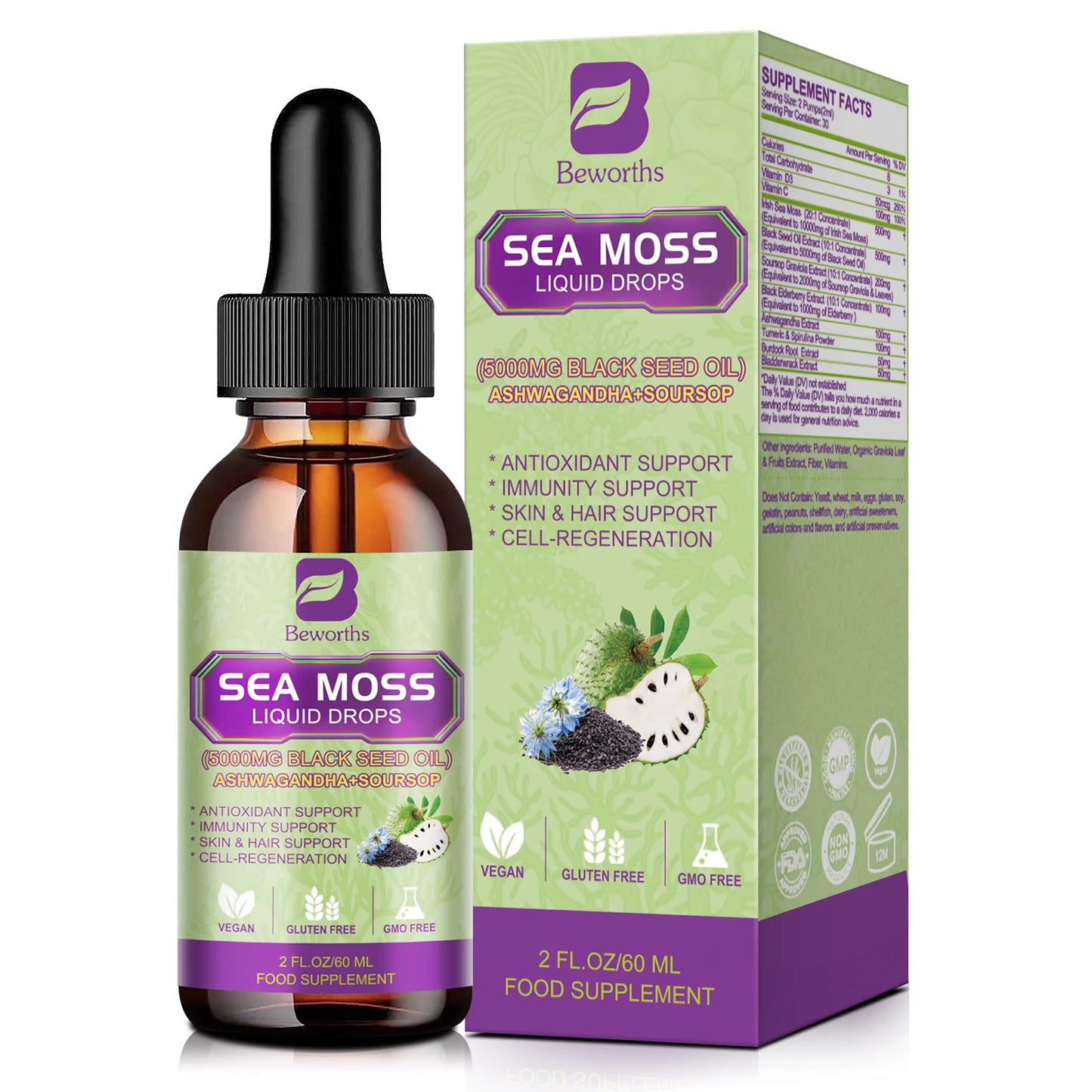 BEWORTHS Sea Moss & Soursop Drops – 60ml Super Extract for Immunity, Kidney Function & Antioxidant Power | Vegan Herbal Liquid Supplement - Premium supplement from dsers - Just $26.99! Shop now at Lizard Vigilante