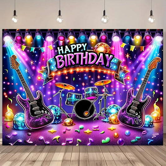 Rockstage Riot Birthday Backdrop – Guitar & Drum Explosion Wall Banner