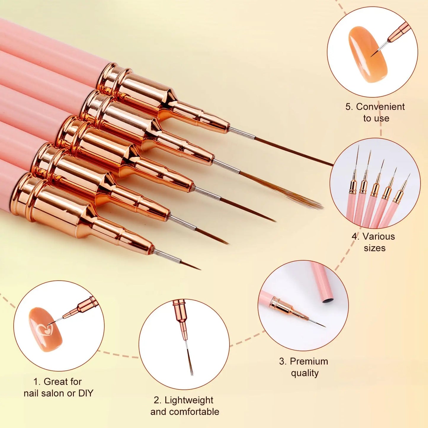 5Pcs Professional Nail Paint Liner Brush Set Small Polish Design Technique Fine Line Stripe Brushes for Nail Art Detailing