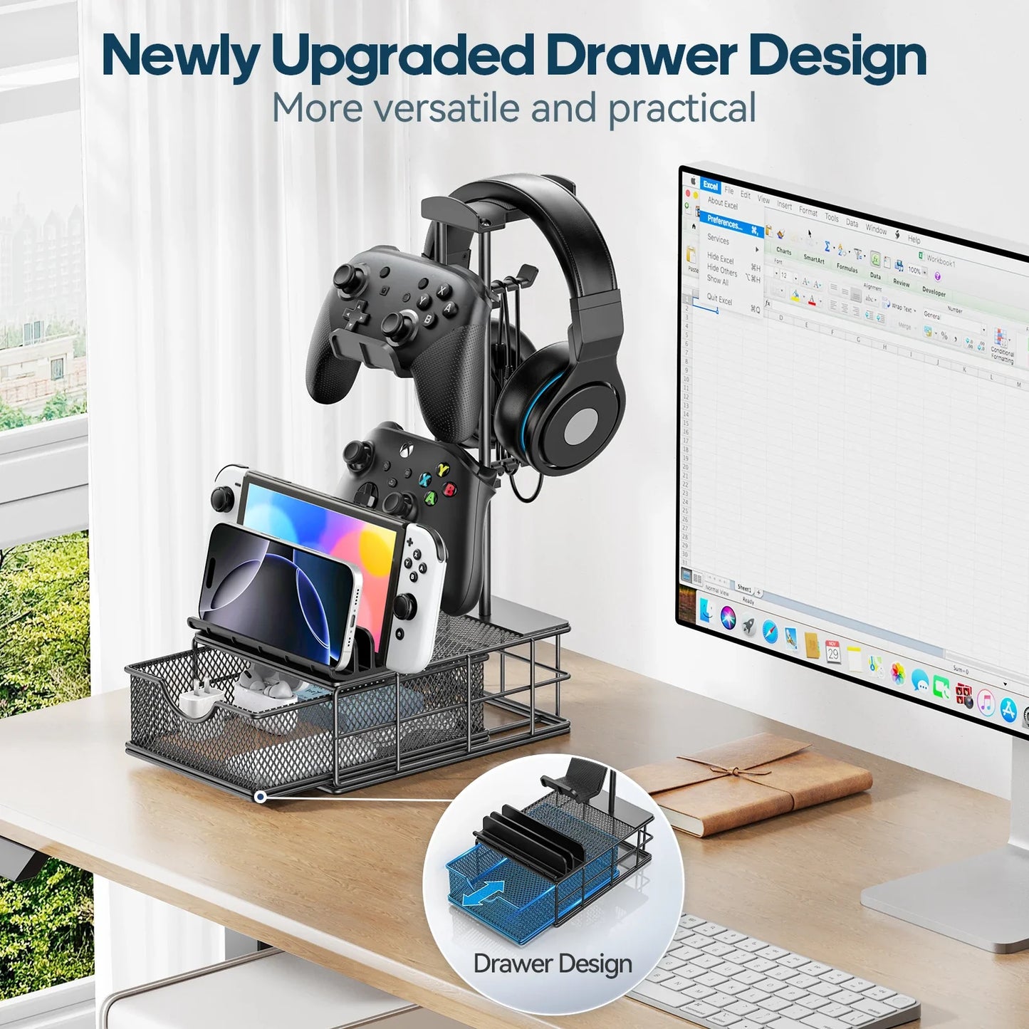 Headphone Stand with Drawer Headset & Controller Holder for Desk Earphone Stand Organizer Universal Gaming PC Accessories Storag