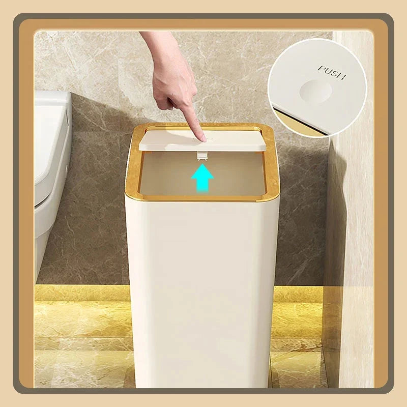 Garbage Bin with Lid Large Capacity Semi Automatic Trash Can Toilet Living Kitchen Bedroom Press Plastics Trash Bin Home Supply