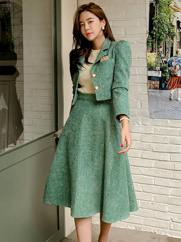 Women’s 2-Piece Korean Chic French Temperament Suit – V-neck Pearl Button Puff Sleeve Jacket with High Waist Swing Skirt for a Timeless Autumn Look - Premium skirt from Lizard Vigilante - Just $88.88! Shop now at Lizard Vigilante