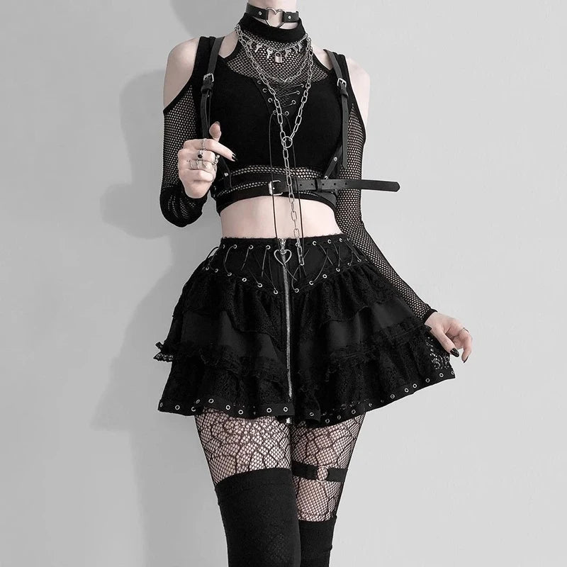 Goth Dark Techwear Fishnet Open Shoulder Halter T-shirts Mall Gothic Grunge Black Bandage Crop Tops Women Punk Sexy Alt Clothing - Premium Crop Top from Lizard Vigilante - Just $28.99! Shop now at Lizard Vigilante