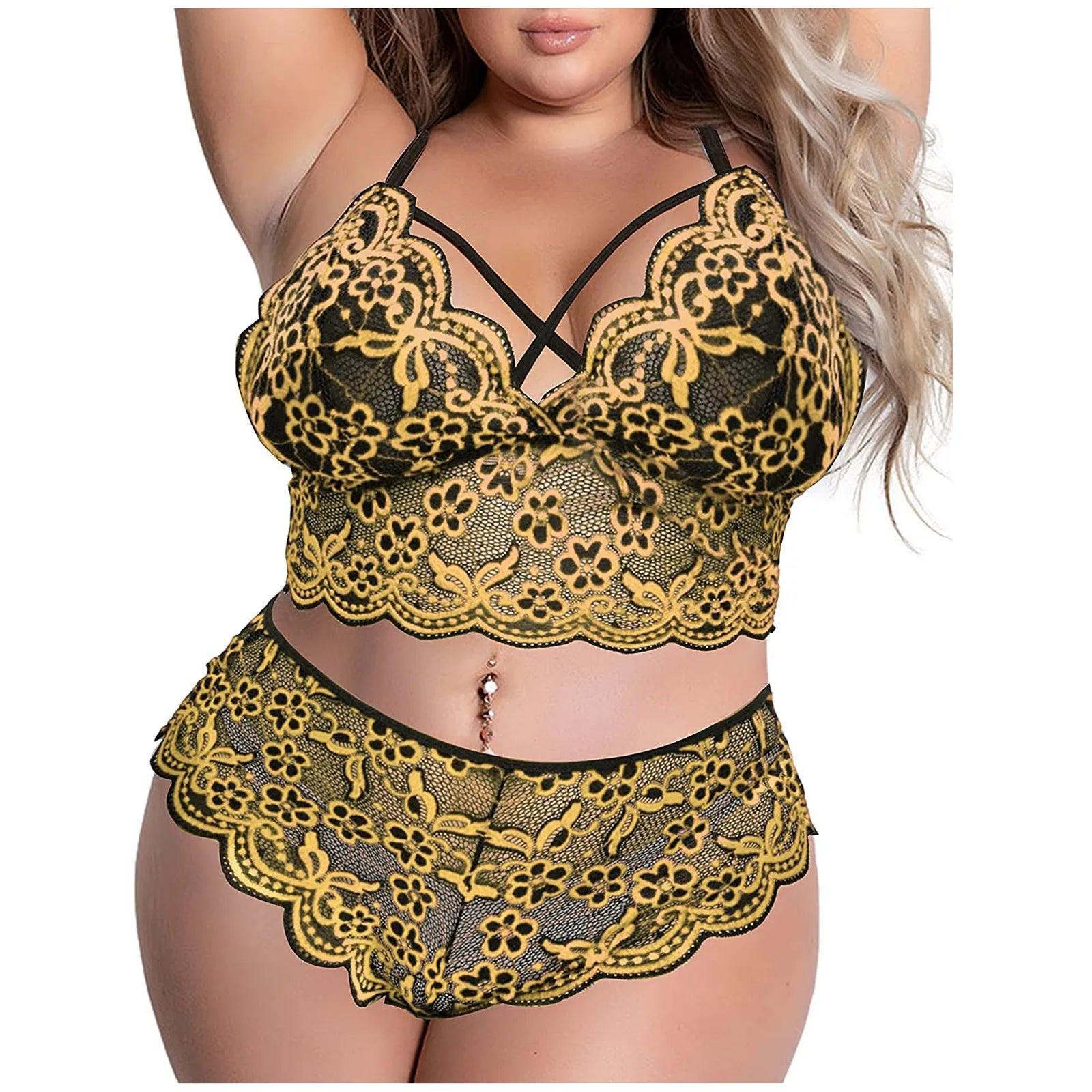 Plus Size Bra 2 Pieces Sets Lingerie Women Lace Embroidery Bra & Brief Sets Underwear Sensual Sleepwear Pajamas Exotic Set 4XL - Lizard Vigilante