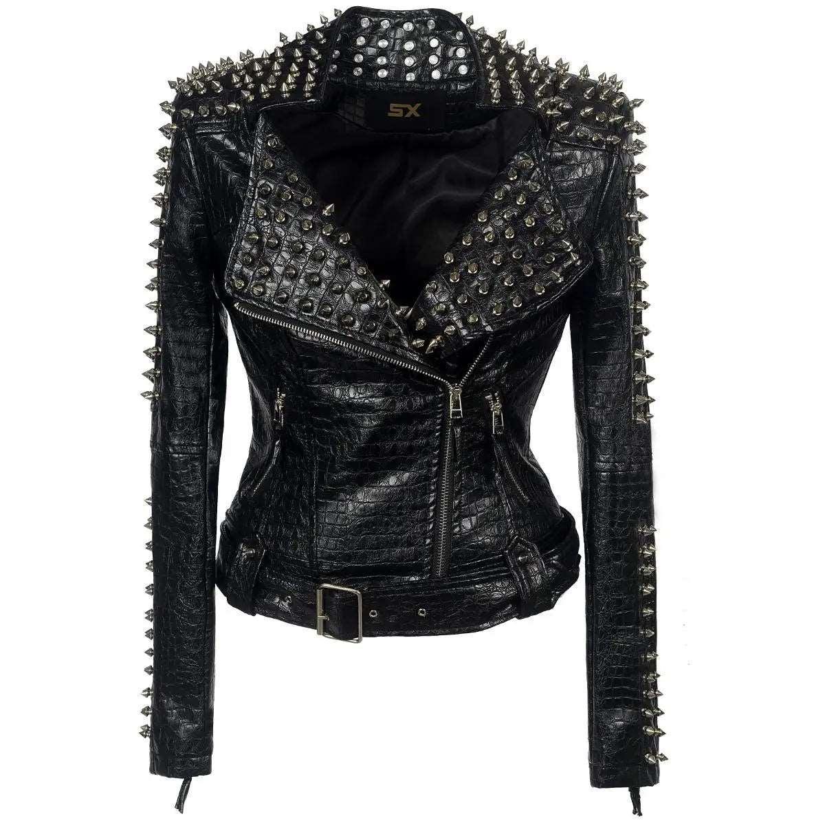 2024 Steampunk Rock Rivet Women's Leather Jacket Slim Short Streetwear Gothic Embroidery PU Leather Locomotive Coat Femme - Lizard Vigilante