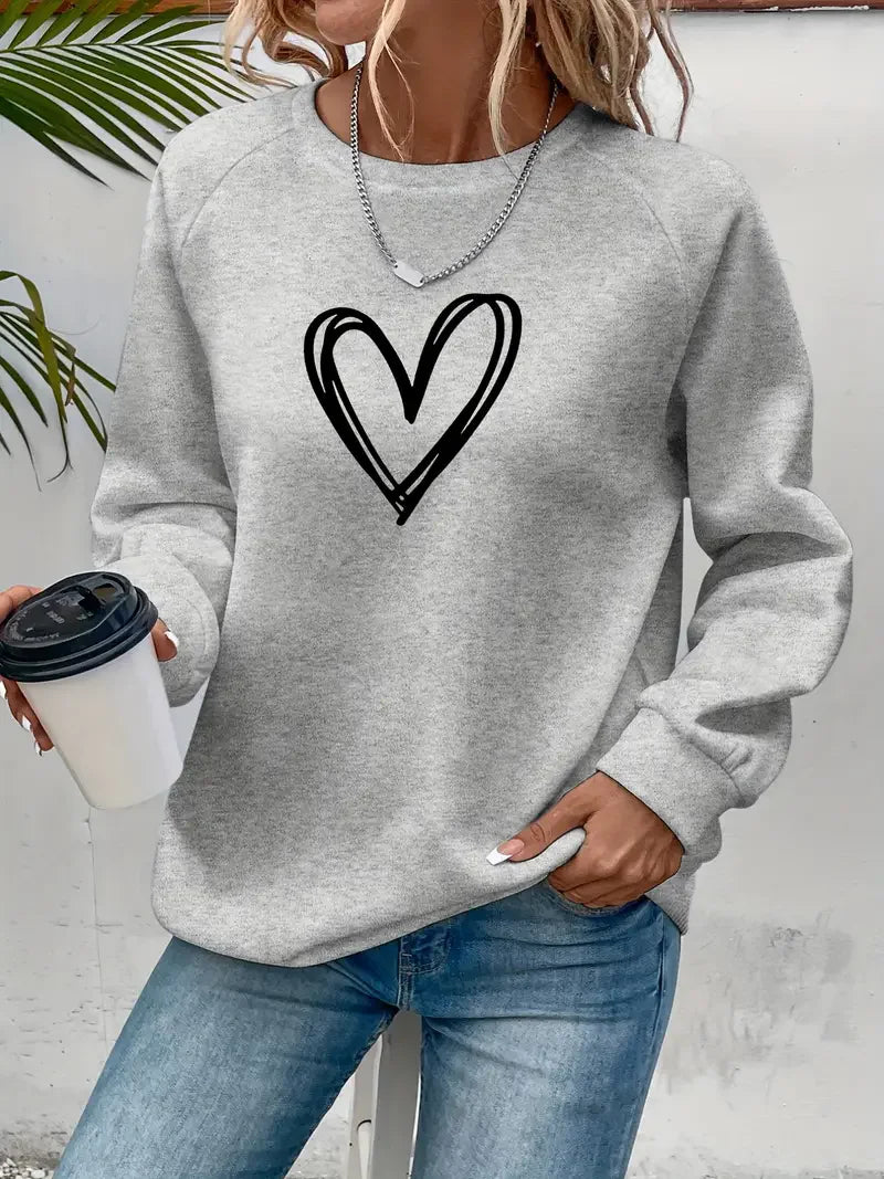 Heart Print Casual Pullover Sweatshirt for Women – Cozy Crew Neck, Fall & Spring Essential - Premium sweatshirt from Lizard Vigilante - Just $38.88! Shop now at Lizard Vigilante