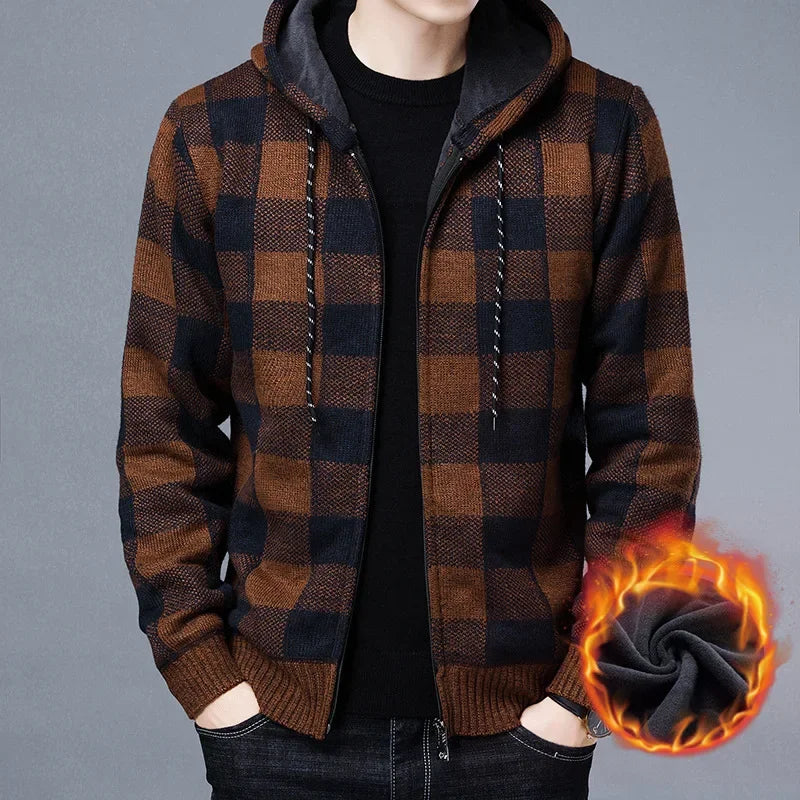 Men's Luxury Checkered Knit Hooded Cardigan – High-Quality Fleece Winter Sweater Jacket with Zipper Closure - Premium cardigan sweater from Lizard Vigilante - Just $46.66! Shop now at Lizard Vigilante