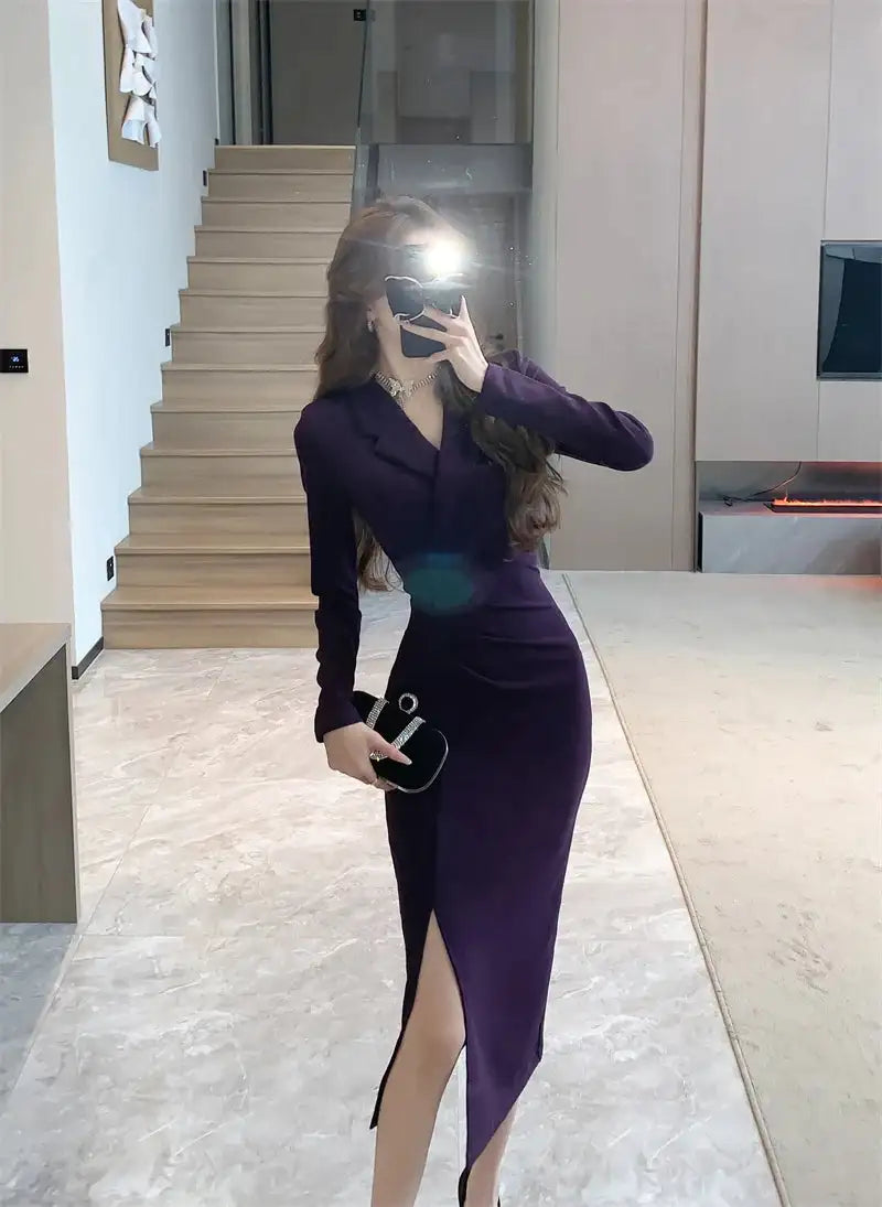 Women Pink Pleated Bodycon Formal Long Dress Autumn Winter Long Sleeve Chic Suit Dress 2025 Korean Fashion Elegant Party Dresses