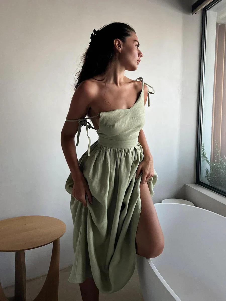 Spring Summer Beach Style Women Dress Vintage Loose A-line Sling Dress Hot Girl 100% Cotton V-neck Dress - Lizard Vigilante