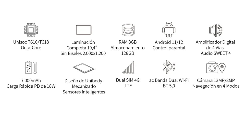 Teclast 10,4 inch T40 Pro tablet 8gb RAM ROM 128GB Android 11/12 7000mAh fast charging 2000x1200 UNISOC T618/T616 8 cores 4G network, Wifi, 13MP + 8MP