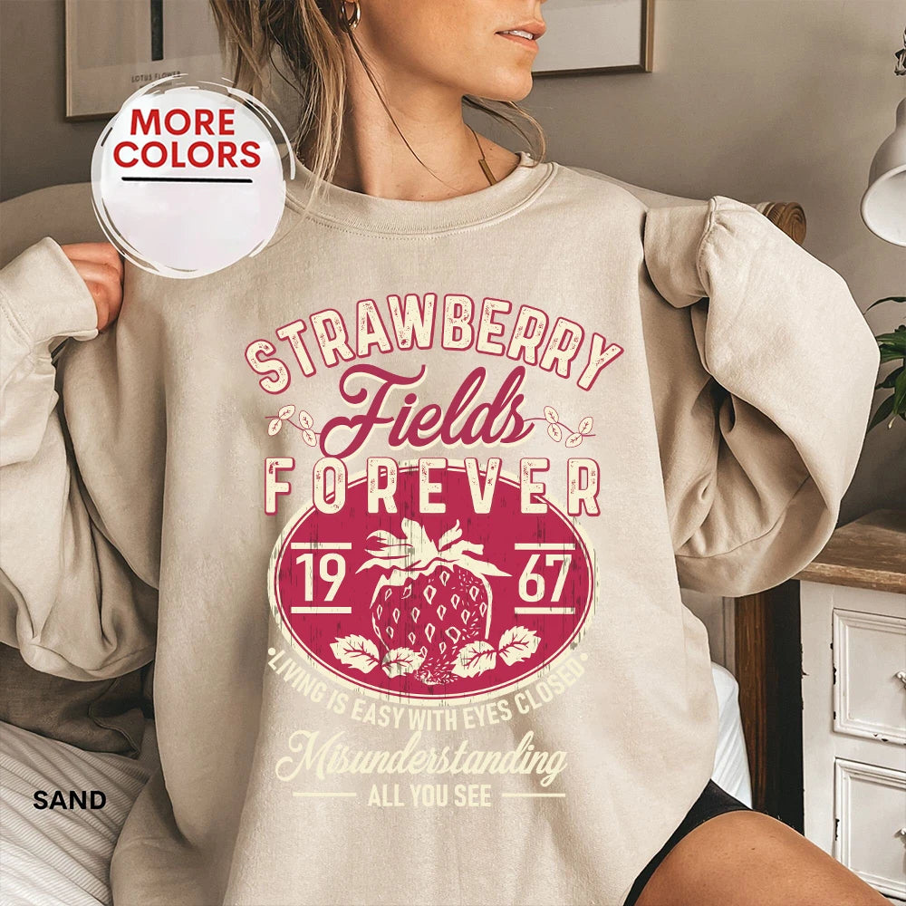 Retro Beatles Strawberry Fields Sweatshirt – Unisex Y2K Rock Band Fleece Streetwear for All Seasons - Premium tee from Lizard Vigilante - Just $43.88! Shop now at Lizard Vigilante