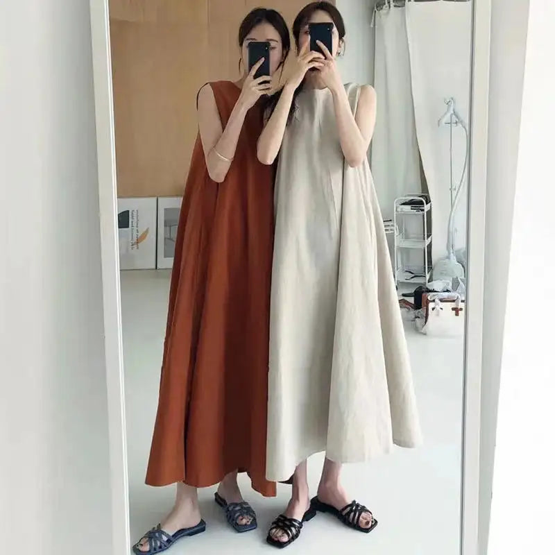 2022 Minimalist Chic Loose Swing Sleeveless Mid-length Casual Cotton Linen Long Dress  Round Neck High Waist Women Runway Dress
