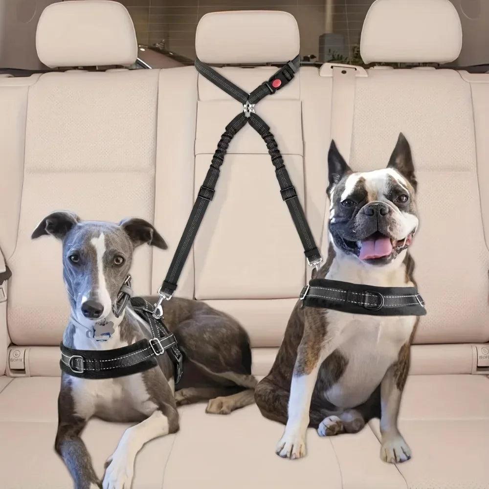 Double Dog Safety Belt: Adjustable Car Headrest Restraint & Splitter Harness for 2 Dogs - Elastic Travel Seatbelt - Premium dog sseat belt from Lizard Vigilante - Just $18.69! Shop now at Lizard Vigilante