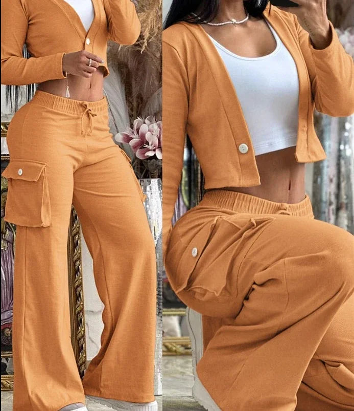 Elegant Two-Piece Women's Outfit – Autumn Cardigan & Drawstring Pants Set - Premium cardigan set from Lizard Vigilante - Just $38.88! Shop now at Lizard Vigilante