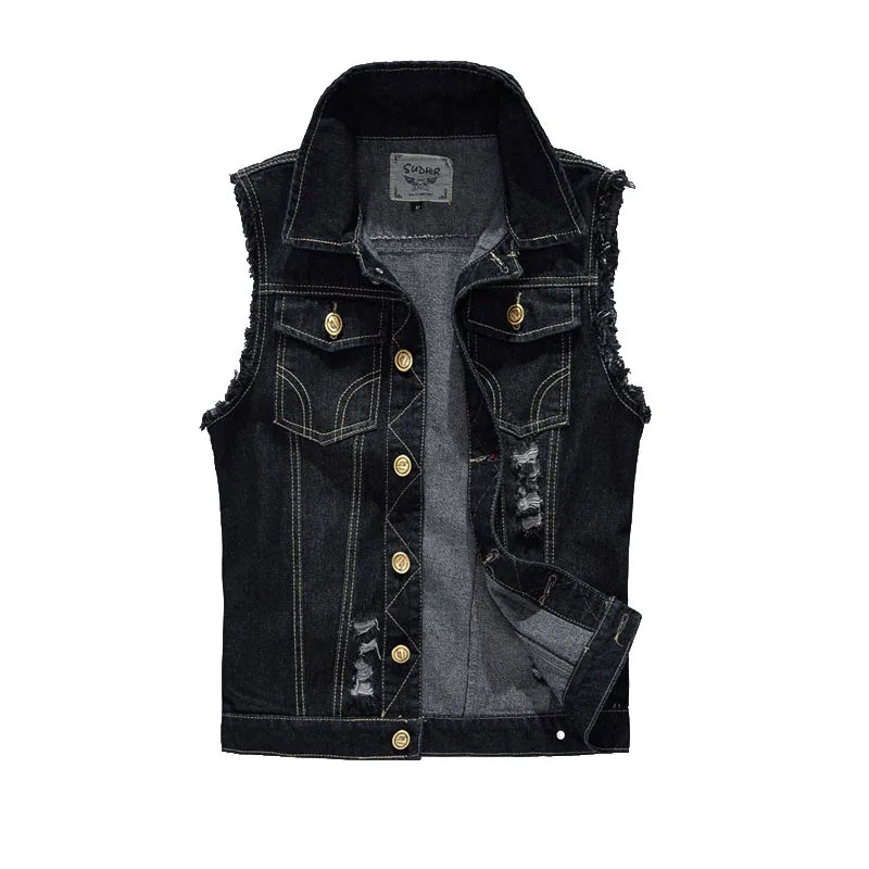 FALIZA New Men's Denim Vest - Ripped Sleeveless Jeans Jacket - Premium denim vest from Lizard Vigilante - Just $42.88! Shop now at Lizard Vigilante