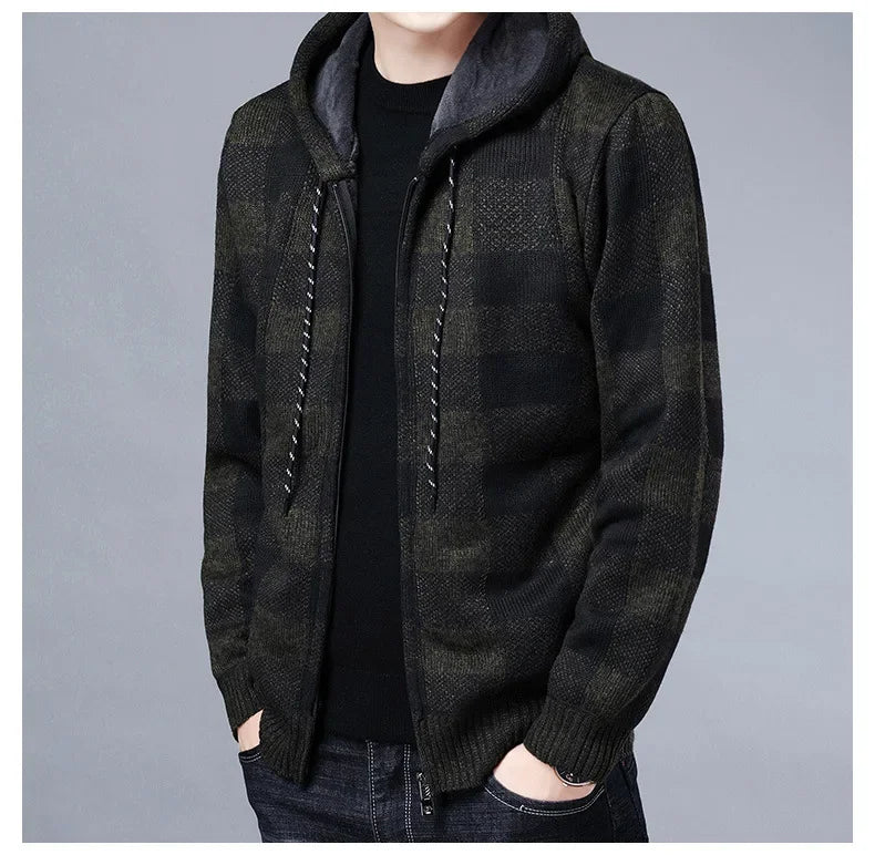 Men's Luxury Checkered Knit Hooded Cardigan – High-Quality Fleece Winter Sweater Jacket with Zipper Closure - Premium cardigan sweater from Lizard Vigilante - Just $46.66! Shop now at Lizard Vigilante