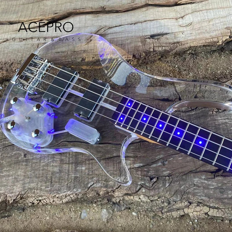 Lizard Vigilante Blue LED Electric Bass Guitar – Clear Acrylic Body, Maple Neck, Rosewood Fingerboard, 4-String Professional Bass - Premium Electric bass guitar from Lizard Vigilante - Just $588.88! Shop now at Lizard Vigilante