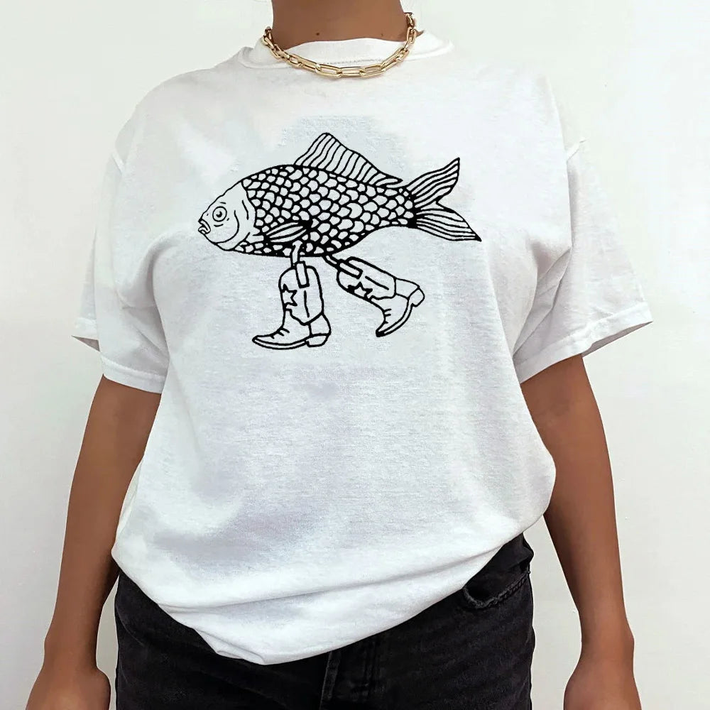 Walking Fish Printing Graphic Funny Tees Women Short Sleeve Loose Cotton Casual T Shirts White Summer Fashion Aesthetic Shirts - Premium  from Lizard Vigilante - Just $43.99! Shop now at Lizard Vigilante