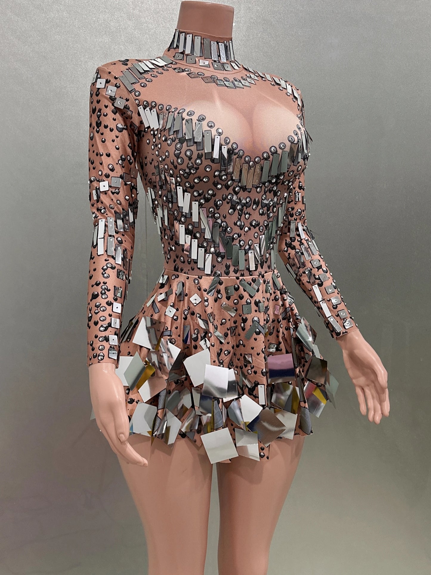 Flashing Sequined Khaki A-Line Dress Bodysuit – Sexy Evening Party Performance Costume - Premium costume from Lizard Vigilante - Just $78.88! Shop now at Lizard Vigilante