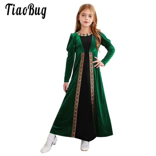 Girls Velvet Medieval Princess Dress Long Sleeve Renaissance Retro Robe Ancient Roman Long Dress for Halloween Carnival Party