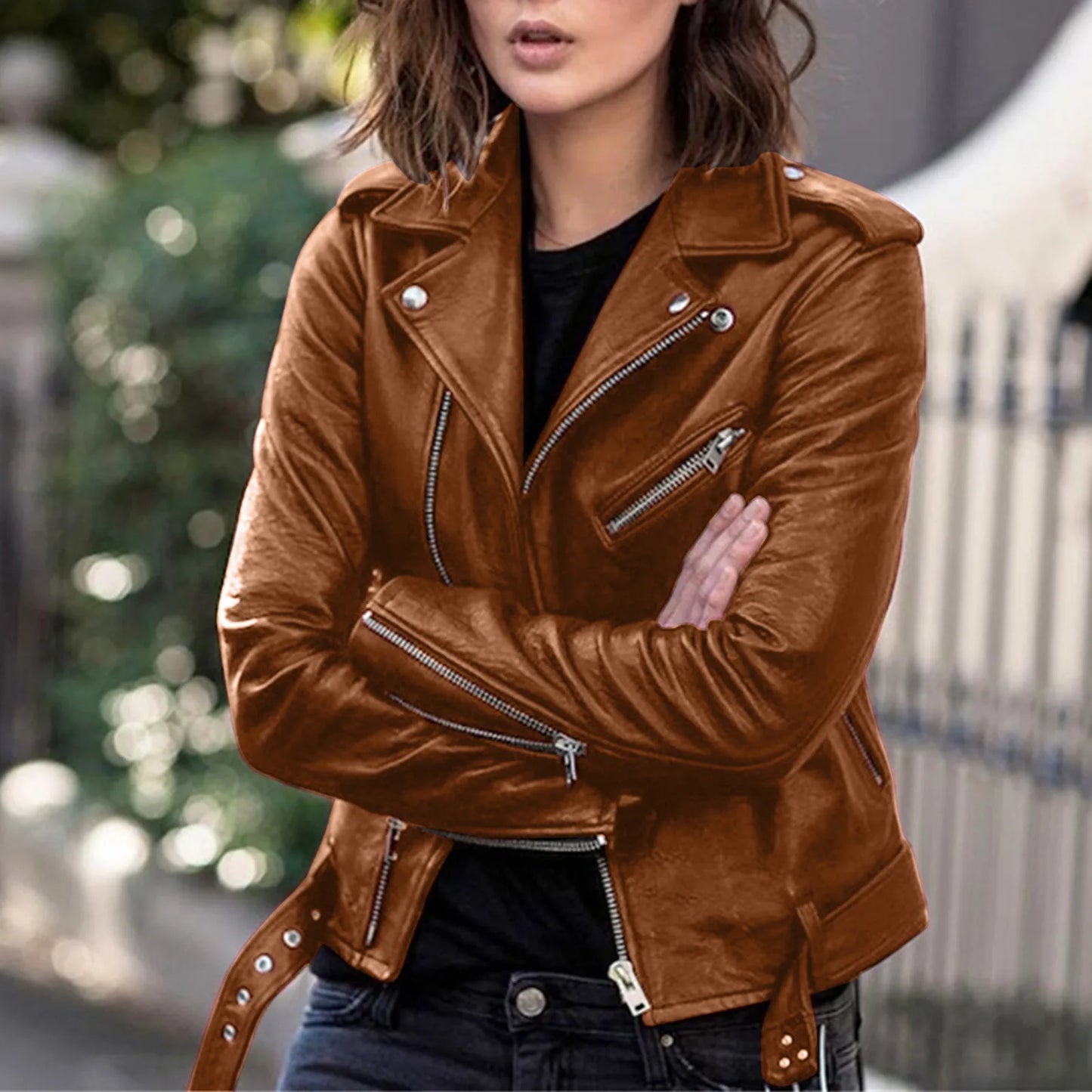 Women's Fashion Faux Leather Moto Biker Jacket - Long Sleeve Zipper Leather Coat - Premium jackets from Lizard Vigilante - Just $44.88! Shop now at Lizard Vigilante