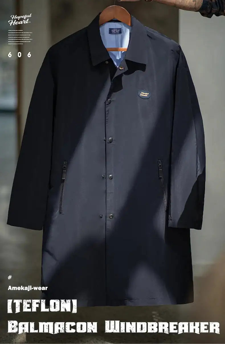 Maden Men's Vintage Balmacaan Waterproof Windbreaker Coat Single-Breasted Mid-Length Classic Collar Jacket for Spring and Autumn