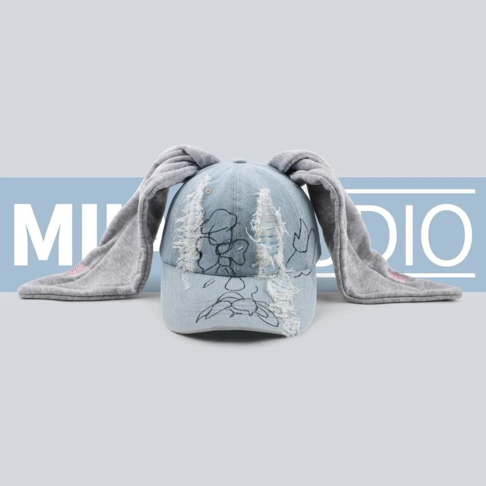 New Jeans Minji Haerin OMG Stage Long Rabbit Ear Hat Y2K Style Denim Blue Baseball Cap Fashion Kpop Caps Fan Collectable Gifts - Premium  from Lizard Vigilante - Just $28.99! Shop now at Lizard Vigilante