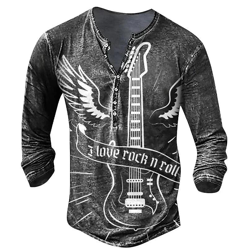 Vintage Men's T-Shirt Imitation Cotton Tee Rock Music Graphic Tees 3d Printed Long Sleeve Henley Shirt Oversized Men Clothing - Premium t-shirt from Lizard Vigilante - Just $24.99! Shop now at Lizard Vigilante