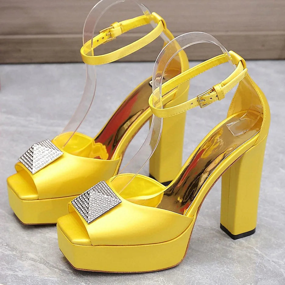 Deep Purple Satin Crystal Rivet Chunky Sandals | Platform Square Toe Heels | Bright Yellow Sexy Lace-Up Party Shoes with Metal Buckle - Premium Shoes from Lizard Vigilante - Just $98.88! Shop now at Lizard Vigilante