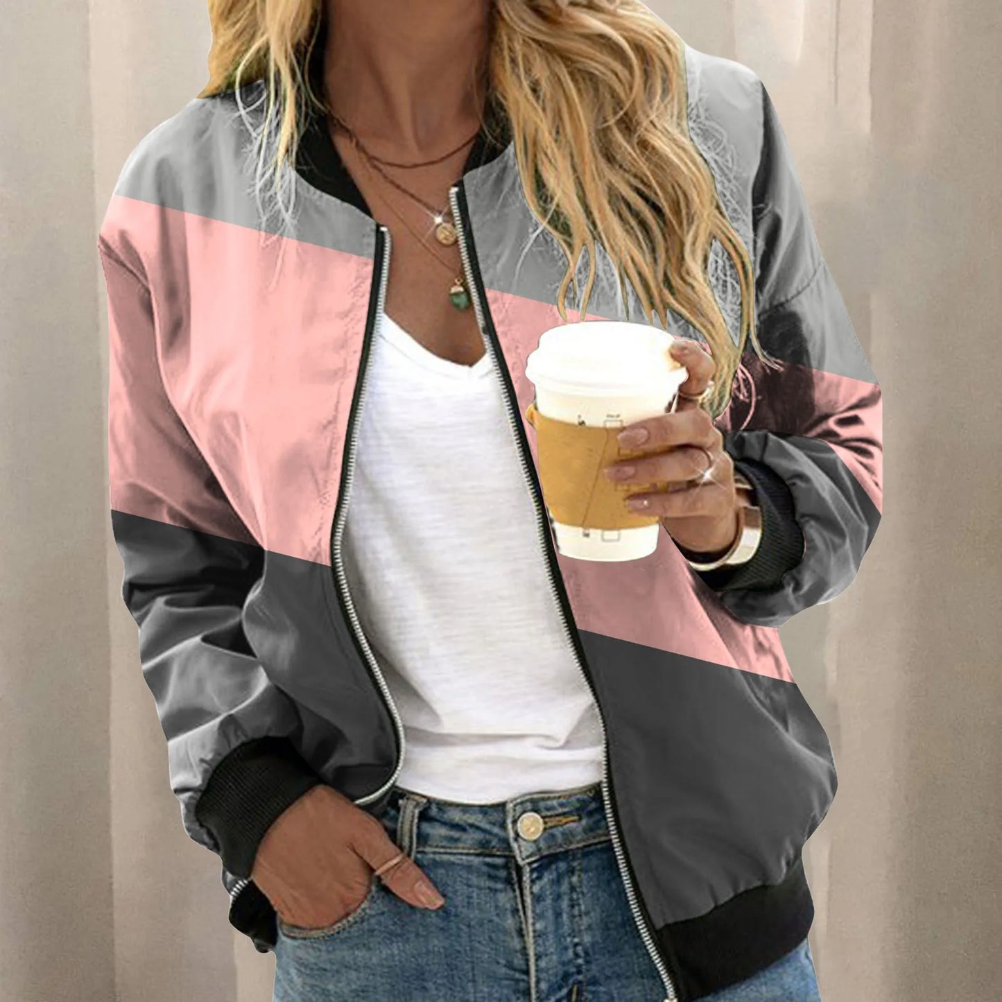 2024 Autumn Elegant Zipper Bomber Jacket for Women Striped Jackets Office Ladies Zip Up Stand Collar Sports Coat Outwear - Premium jacket from Lizard Vigilante - Just $32.99! Shop now at Lizard Vigilante