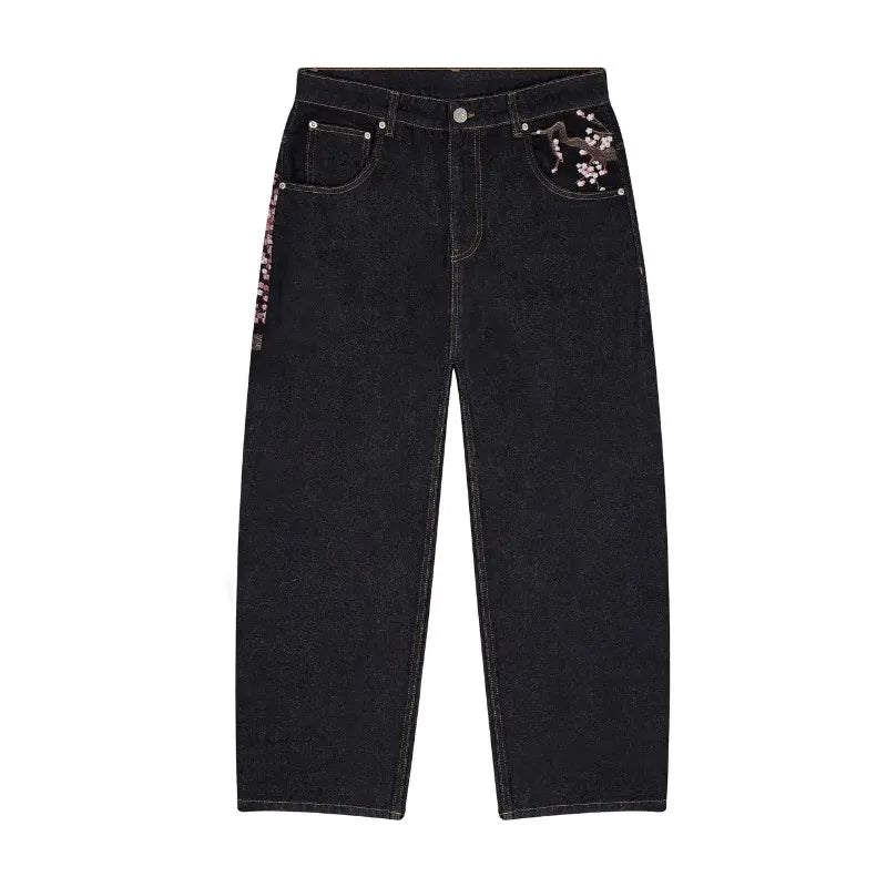 Cherry Blossom Selvedge Wide-Leg Jeans – Y2K Baggy Embroidered Denim Streetwear for Men & Women