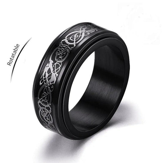 Punk Celtic Dragon Rotating Anxiety Ring For Men Fidget Spinner Stainless Steel Inlay Carbon Fiber Metal Rock Band Ring Anillo - Lizard Vigilante