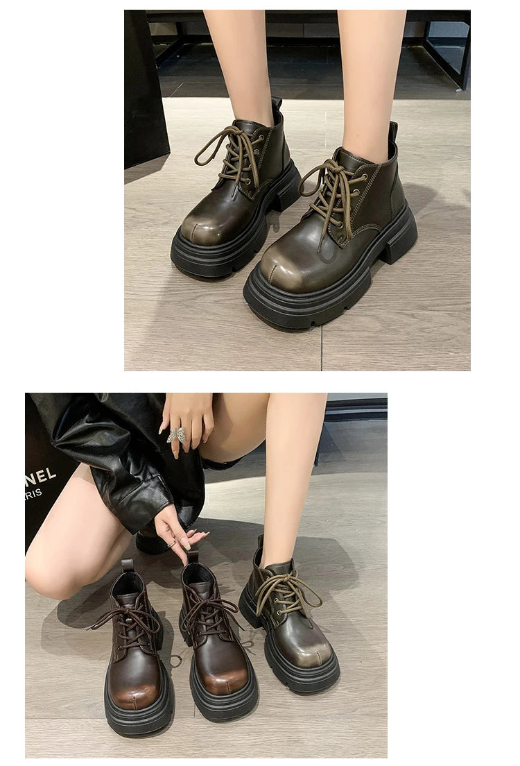 Women’s Lace-Up Ankle Boots – Med Hoof Heel Lolita Rock Round Toe PU Leather Winter Footwear | Solid Rubber Sole, Handmade Classic Street Style - Premium boot from dsers - Just $96.66! Shop now at Lizard Vigilante