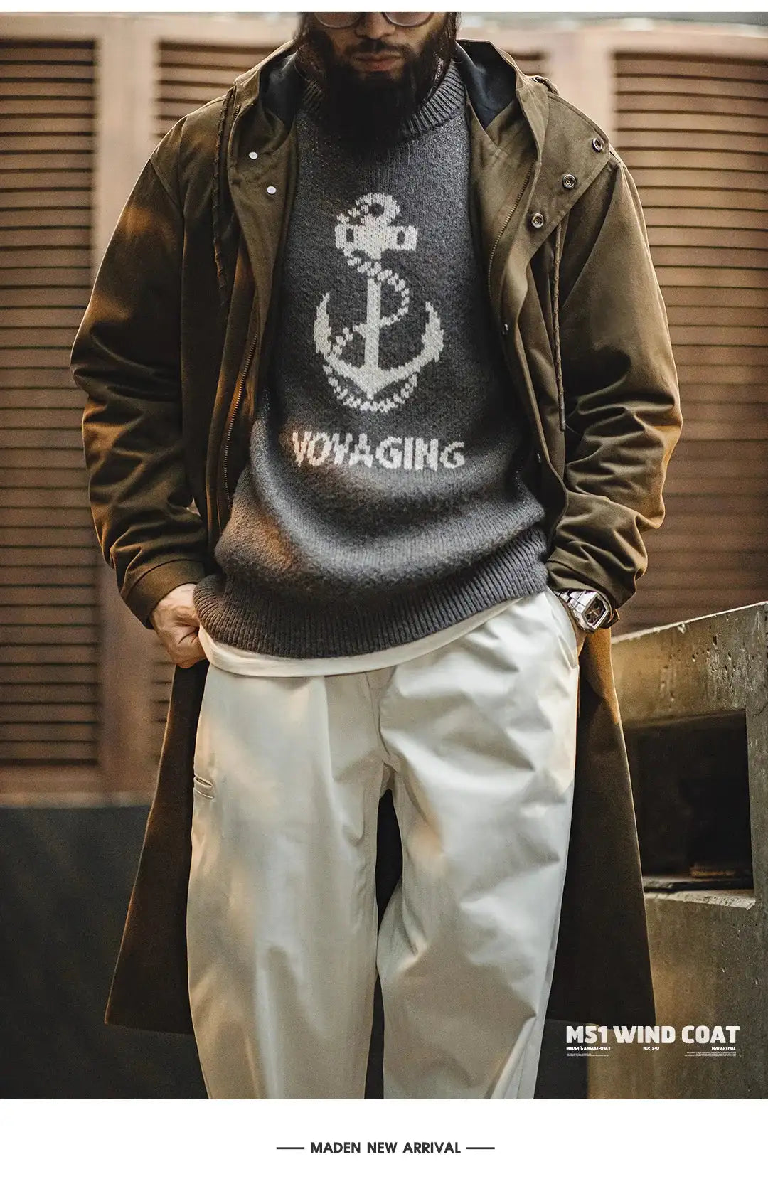 Maden Retro M51 Hooded Windbreaker Loose Fit Cotton Zipper Mid-length Jacket Versatile Solid Color Outerwear for Men's Autumn