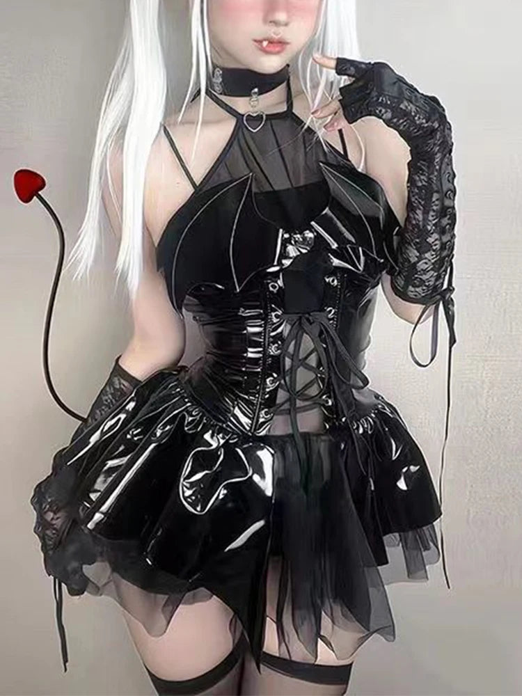 AltGoth Sexy Cosplay Pu Dress Women Harajuku Streetwear Grunge Bandage Hollow Out Bats Dress Punk Y2k E-girl Mall Gothic Clothes - Premium dress from Lizard Vigilante - Just $58.88! Shop now at Lizard Vigilante